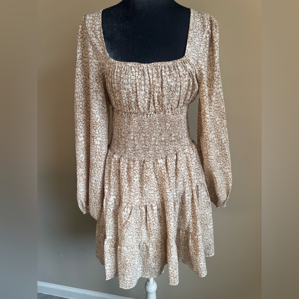 Princess Polly Cream Floral Smocked Mini Dress Long Sleeve Cottagecore Size 6 - Picture 5 of 7